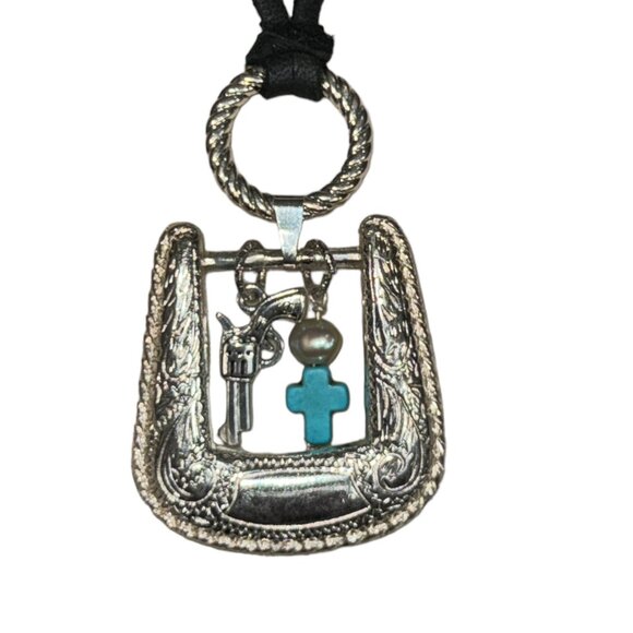Upcycled Vintage Belt Buckle Pendant W/ Turquoise Western Style Leather Necklace - Picture 5 of 8